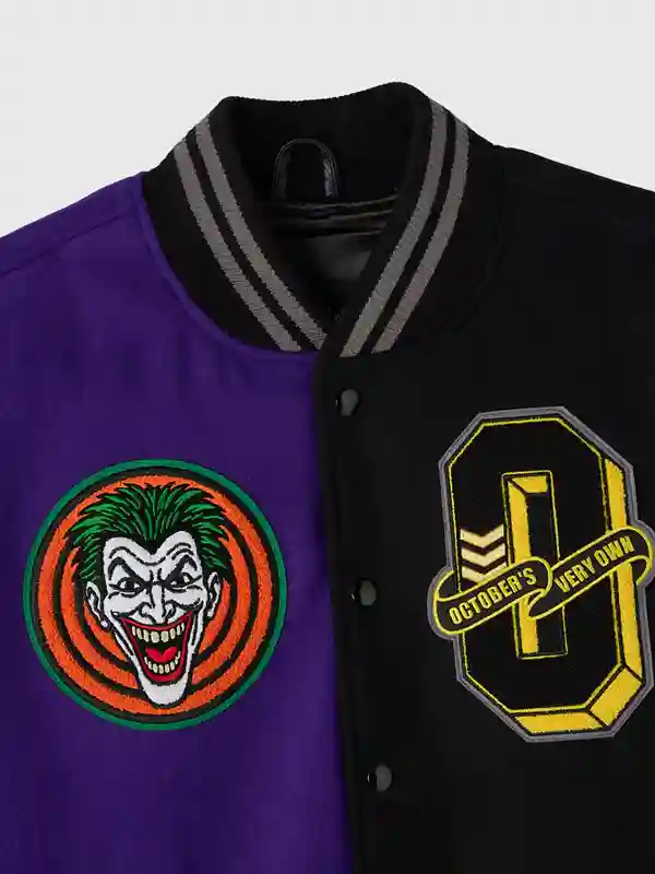 Batman X The Joker Split Varsity Jacket with bold patches and premium varsity look