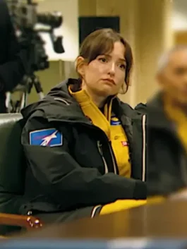 Project Hail Mary Milana Vayntrub Black Jacket in parachute fabric with hooded collar and zipper closure