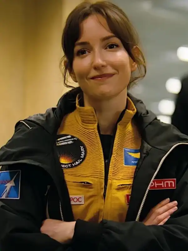 Project Hail Mary Milana Vayntrub Black Jacket with viscose lining hooded collar and functional pockets.