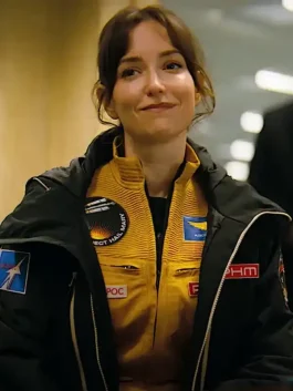 Project Hail Mary Milana Vayntrub Black Jacket featuring zipper closure hooded collar and full length sleeves