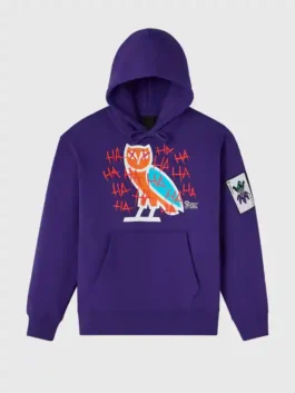 The Joker Defaced Hoodie in violet with front graphic, hooded collar, and relaxed fit
