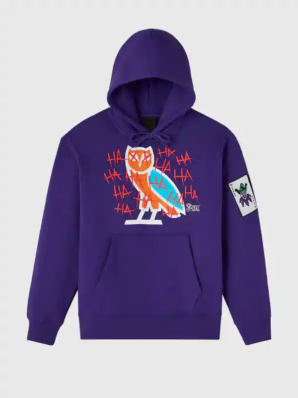 The Joker Defaced Hoodie in violet with front graphic, hooded collar, and relaxed fit