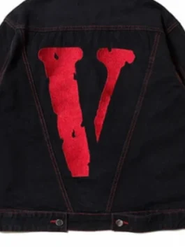 VLONE Friends Denim Jacket in unisex black denim with red front lettering and classic buttoned closure