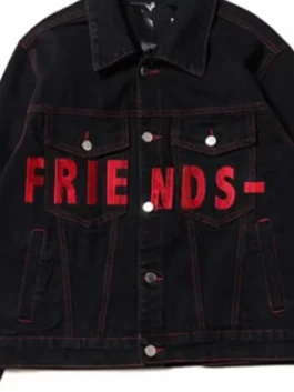 VLONE Friends Denim Jacket in black denim with contrast red lettering and structured everyday styling