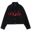 VLONE Friends Denim Jacket in deep black denim with red front lettering and classic streetwear design