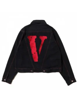 VLONE Friends Denim Jacket back view in black denim with bold red back graphic and relaxed streetwear fit