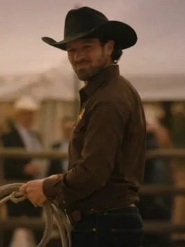 Yellowstone S05 Dutton Ranch Shirt side view in brown cotton with structured fit and classic western shirt detail