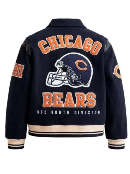 A man wearing a premium sports varsity jacket with ribbed knit cuffs and a shirt-style collar.