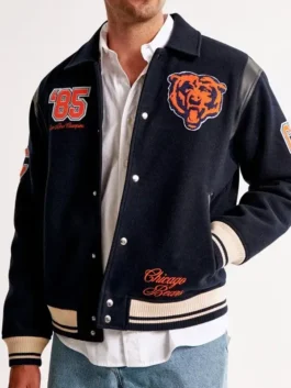 A classic wool varsity jacket featuring the iconic Chicago Bears logo on the chest.