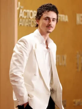 Timothee Chalamet white blazer with polished front design and smart fit.