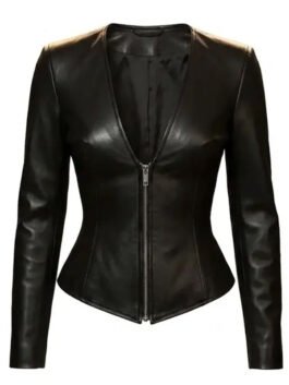 Megan Fox black leather jacket with fitted silhouette and modern celebrity appeal.