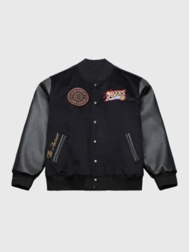 Front view of the classic Allen Iverson Mitchell Ness Varsity Jacket.