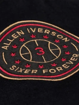 Detailed design view of the Allen Iverson Mitchell Ness Varsity Jacket.