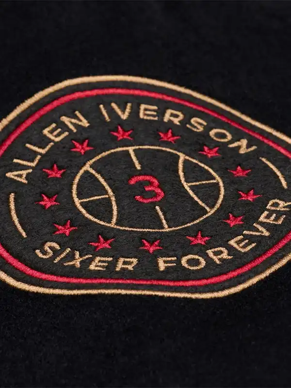 Detailed design view of the Allen Iverson Mitchell Ness Varsity Jacket.