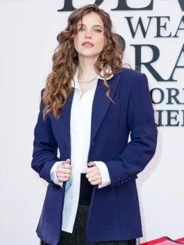 Barbara Palvin wearing a tailored wool blazer at The Devil Wears Prada 2 premiere.