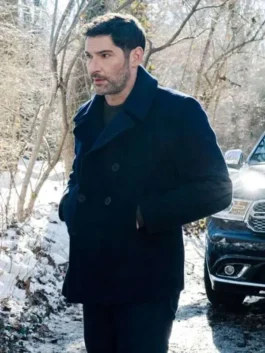 Tom Ellis CIA 2026 Colin Glass Black Wool Peacoat with smart TV series styling.