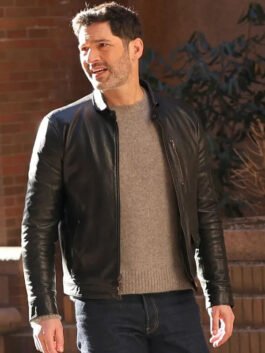 Tom Ellis CIA 2026 Colin Glass Black Leather Jacket with sharp TV series style.