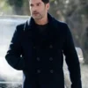 Colin Glass black wool peacoat inspired by Tom Ellis in CIA 2026.