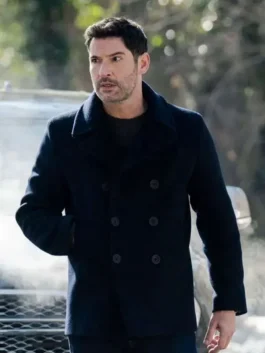 Colin Glass black wool peacoat inspired by Tom Ellis in CIA 2026.