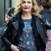 Movie The Sham 2026 Cameron Diaz Black Leather Jacket with sleek fitted biker style.