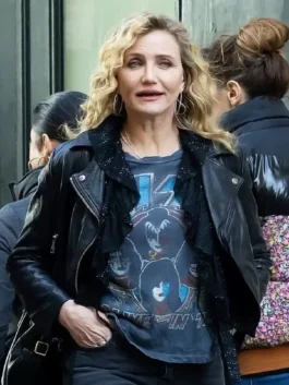 Movie The Sham 2026 Cameron Diaz Black Leather Jacket with sleek fitted biker style.