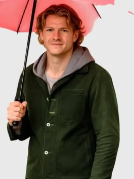 Front view of the green cotton Clayface Matt Hagen Green Jacket showcasing full length sleeves and crisp utility tailoring.
