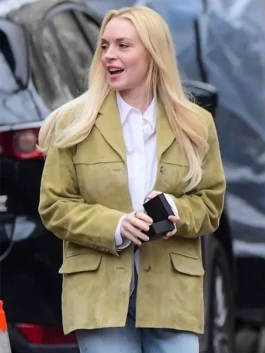 Count My Lies Lindsay Lohan Suede Leather Blazer in green with clean front styling.