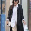 Street Style 2026 Emily Ratajkowski Black Long Leather Coat with sleek longline design.