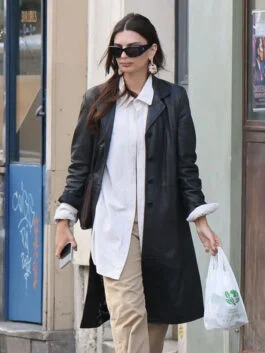 Street Style 2026 Emily Ratajkowski Black Long Leather Coat with sleek longline design.