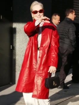 Meryl Streep Good Morning America 2026 Red Leather Coat with elegant celebrity styling.