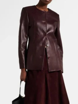 Brown leather jacket inspired by Hannah Einbinder at Emmy Luncheon 2026.