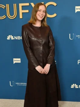 Hannah Einbinder brown leather jacket with sleek structured fashion appeal.