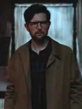 Detailed texture of the Hokum 2026 Adam Scott brown cotton coat, a screen-accurate movie recreation.