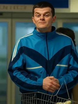 Robert Aramayo I Swear John Davidson Blue Track Jacket with clean sporty styling.
