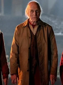 David Morgan brown long coat with eerie horror movie outerwear appeal.