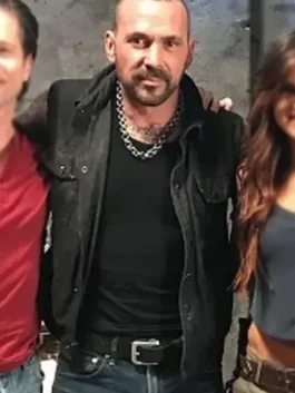 Jason David Frank black vest with bold movie-inspired sleeveless outerwear look.