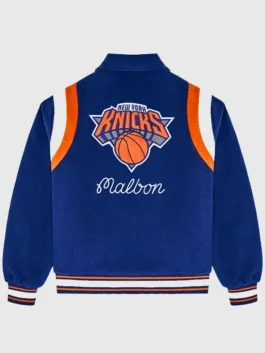 Detailed back view of the Knicks The Garden Varsity Jacket.