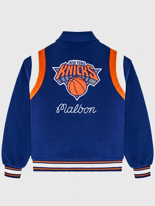 Detailed back view of the Knicks The Garden Varsity Jacket.