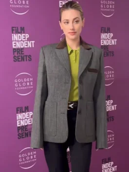 Lili Reinhart-inspired grey blazer jacket with a modern structured fit for women.