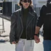 Lily Collins London 2026 Black Leather Jacket with sleek celebrity street styling.
