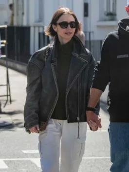 Lily Collins London 2026 Black Leather Jacket with sleek celebrity street styling.