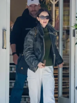 Lily Collins black leather jacket inspired by her London 2026 fashion look.