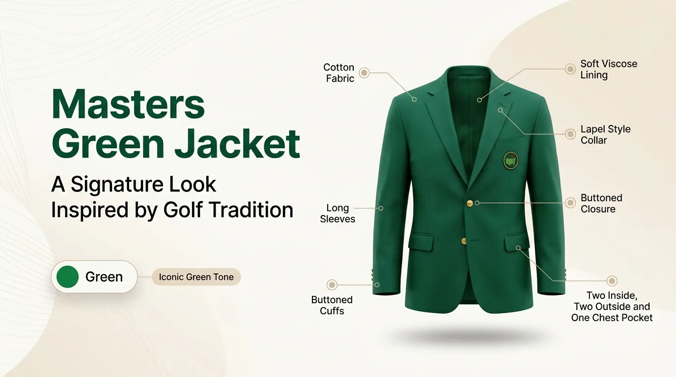 Infographic banner showing a green Masters jacket with feature callouts on a light beige background.