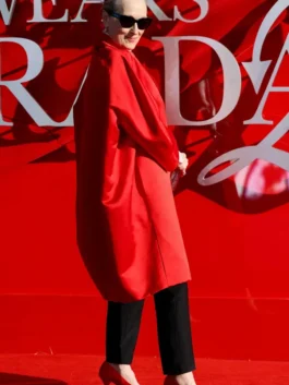 Meryl Streep The Devil Wears Prada 2 red satin coat with elegant premiere styling.