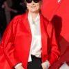 Red satin coat inspired by Meryl Streep at UK Premiere 2026.
