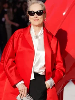 Red satin coat inspired by Meryl Streep at UK Premiere 2026.