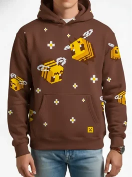 Minecraft Bee Brown Hoodie with pullover front, hooded collar, ribbed cuffs, and pouch pocket.