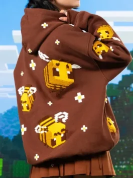 Minecraft Bee Hoodie Sweatshirt with pouch pocket, ribbed cuffs, and cozy brown fabric.