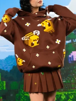 Minecraft Bee Hoodie Sweatshirt in Brown with soft lining, pouch pocket, and ribbed cuffs.
