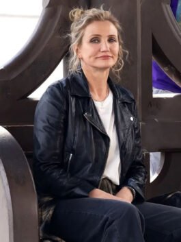 The Sham black leather jacket with modern celebrity-inspired outerwear appeal.